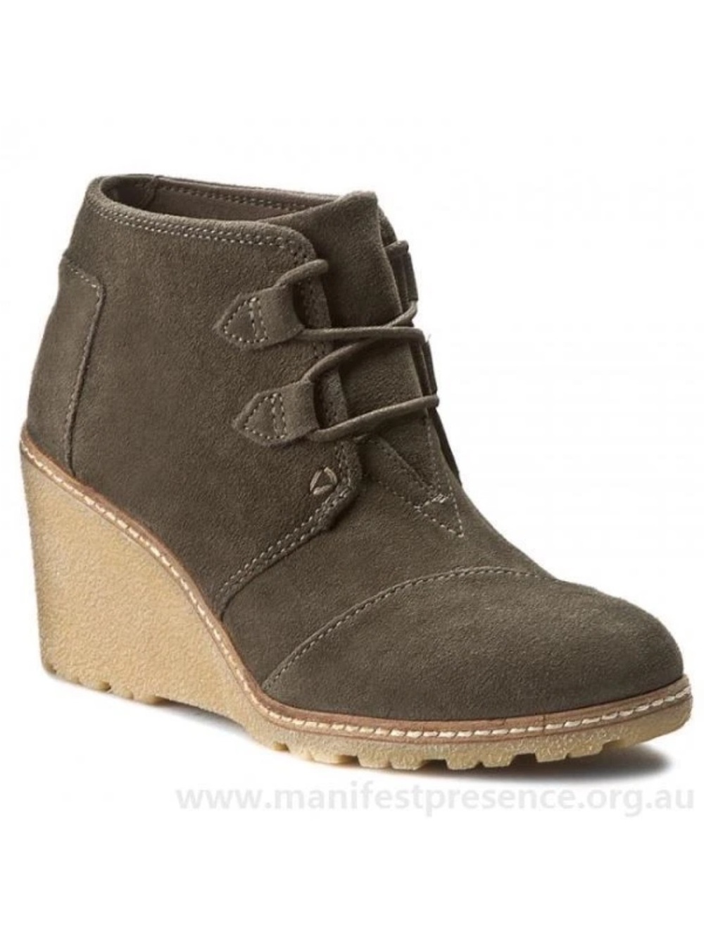 TOMS Desert Crepe Wedge Ankle Boots Tarmac Olive Suede Sz 9 W